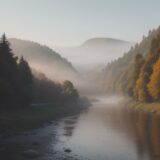 【川霧】発生する条件とタイミング | 早朝の川辺で見る風景 をイメージした 広角の風景、川、川 の写真