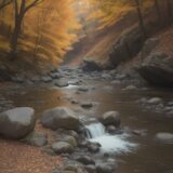 【川歩き】ぬめりのある岩場での足運び | 転倒を防ぐコツと対策 をイメージした 広角の風景、川 の写真