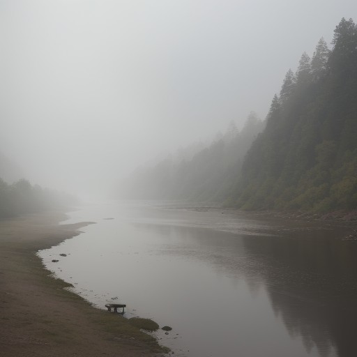 【川釣り】朝の霧が立ち込める川岸 | 視界の悪い中での釣行記録 をイメージした 広角の風景、川、川 の写真