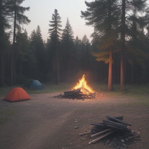【焚き火】後始末の手順 | キャンプ場での安全な消火方法 をイメージした 広角の風景 の写真