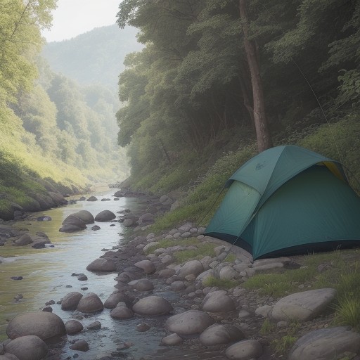 【川釣り】虫除けの準備 | 夏の河原で使うアイテム をイメージした 広角の風景、川、夏、川 の写真