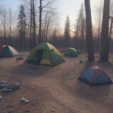 【焚き火】後片付けのコツ | 灰の処理と地面の戻し方 をイメージした 広角の風景 の写真