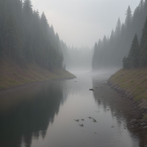 【川釣り】朝の霧が立ち込める川岸 | 視界の悪い中での釣行記録 をイメージした 川 の写真
