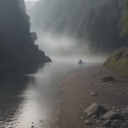 【川釣り】朝の霧が立ち込める川岸 | 視界の悪い中での釣行記録 をイメージした 川 の写真