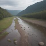 【川の透明度】雨上がりの水の濁り | 変化を確認した記録 をイメージした 広角の風景、川 の写真