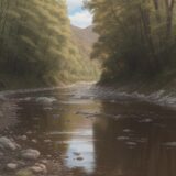 【川釣り】増水後の濁りが抜けるタイミング | 釣行の判断基準 をイメージした 広角の風景、川 の写真
