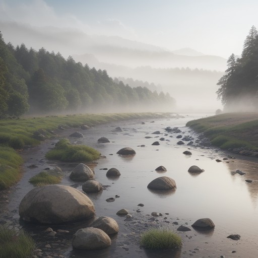 【川霧】発生する条件とタイミング | 早朝の川辺で見る風景 をイメージした 広角の風景、川、川 の写真