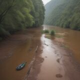 【川釣り】集中豪雨後の濁り | 釣果を出すタイミングとポイント選び をイメージした 広角の風景、川 の写真