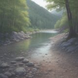【川の水色】水色の見分け方 | 釣りポイントを探すコツ をイメージした 広角の風景、川 の写真