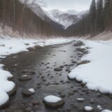 【川】雪解け水の水位変動 | 釣行時の注意点とタイミング をイメージした 広角の風景、川、雪景色 の写真