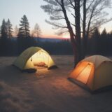 【焚き火】テントへの火の粉を防ぐ方法 | キャンプでの消し方のコツ をイメージした 広角の風景 の写真