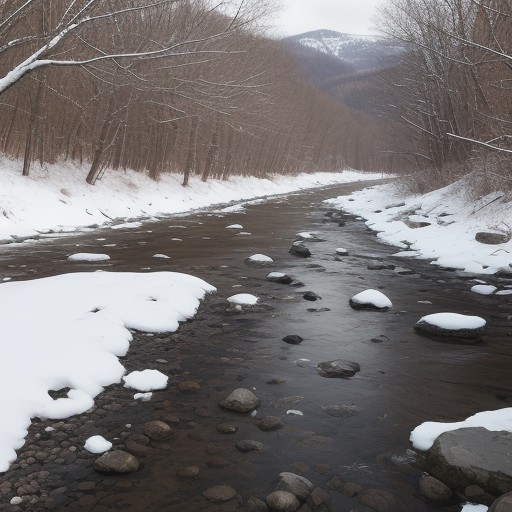 【増水】雪解け時期の川 | 注意点と安全な釣り場選び をイメージした 雪景色、春、川、川 の写真