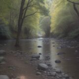 【川の増水】濁りの影響範囲 | 下流まで続く状況を確認する をイメージした 広角の風景、川 の写真