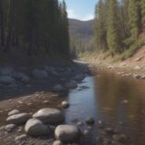 【増水】川の水色の変化 | 濁りが引いて釣りができるタイミング をイメージした 広角の風景、川 の写真