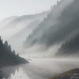 【朝霧】川辺に立ち込める白い霧 | 早朝の景色と空気感 をイメージした 広角の風景、川 の写真