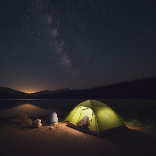 【キャンプ場】湖畔のテントサイト | 焚き火と星空を囲む夜の時間 をイメージした 広角の風景、湖 の写真