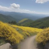 【ヤマブキショウマ】開花時期と見頃 | 山歩きで見つける黄色い花 をイメージした 広角の風景、山、ハイキング の写真
