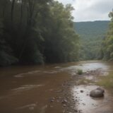 【川釣り】増水後の濁りが引くタイミング | 抜け時の判断方法 をイメージした 広角の風景、川 の写真