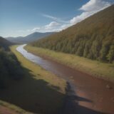 【川釣り】増水後の濁りが抜けるタイミング | 狙い目のポイントとタイミング をイメージした 広角の風景、川 の写真