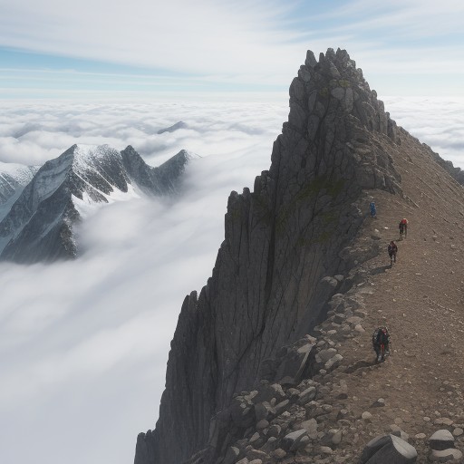 【登山】稜線を歩くルート | 足元に広がる雲の流れ をイメージした 山、稜線、登山道 の写真