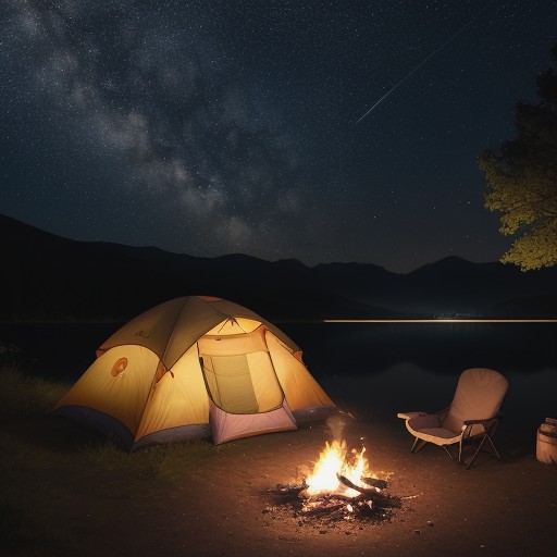 【キャンプ場】湖畔のテントサイト | 焚き火と星空を囲む夜の時間 をイメージした 湖 の写真