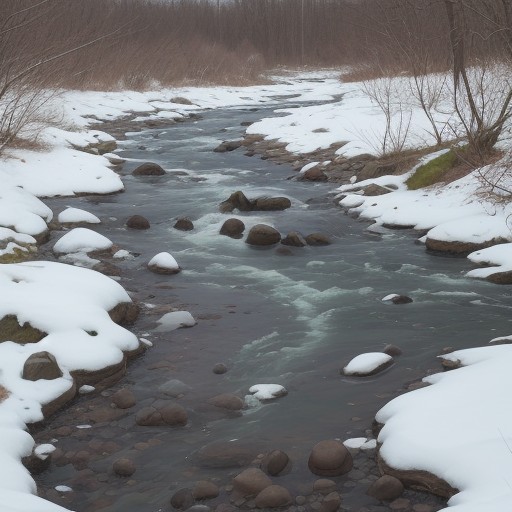 【川の濁り】水が澄むタイミング | 釣行再開の判断基準 をイメージした 春、雪景色、川 の写真