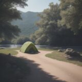 【カメ】川辺をゆっくり歩く様子 | 静かに日光浴をする姿を観察する をイメージした 広角の風景、川 の写真