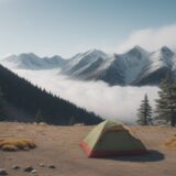 【キャンプ場ガイド】高原のサイト | 雲海と山並みが広がる朝の景色 をイメージした 広角の風景、山 の写真