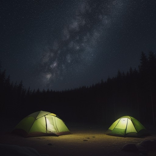 【キャンプ場】星空が頭上に広がる場所 | 木々に囲まれて過ごす夜の時間 をイメージした 広角の風景、森 の写真