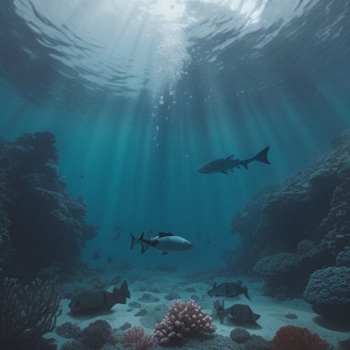 【フィン】潜水で見る魚の群れ | 海の中を泳ぐ体験 をイメージした 広角の風景 の写真