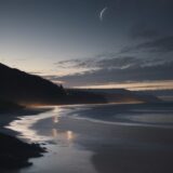 【潮の流れ】満潮に合わせて狙う釣りの方法 | 月が見える夜の海岸線 をイメージした 広角の風景 の写真