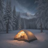 【テント】設営を済ませて | 冬の夜に焚き火で暖をとる時間を過ごす をイメージした 広角の風景、冬 の写真