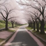 【春山】桜が咲く登山道 | 花見と散歩のルート案内 をイメージした 広角の風景、登山道、ハイキング の写真