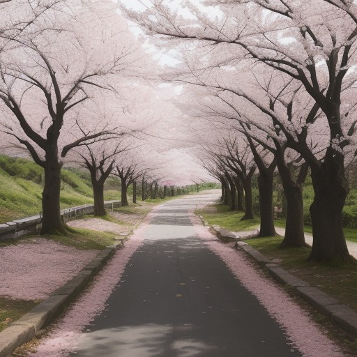 【春山】桜が咲く登山道 | 花見と散歩のルート案内 をイメージした 広角の風景、登山道、ハイキング の写真