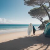 【サーフィン】海で使う装備 | 初心者が揃えるべきサーフボードと道具 をイメージした 広角の風景 の写真