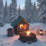 【ウィンターキャンプ】薪ストーブで温まる夜 | 焚き火の火を囲む時間 をイメージした 広角の風景、冬 の写真