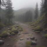 【雨の日登山】濡れた道での歩き方 | 足元の滑りを防ぐ安全対策 をイメージした 広角の風景、ハイキング、登山道 の写真