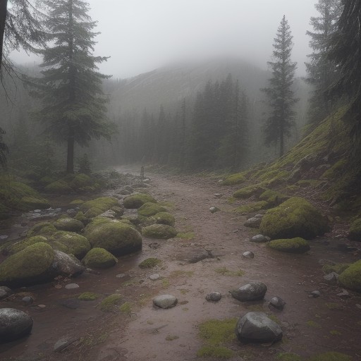 【雨の日登山】濡れた道での歩き方 | 足元の滑りを防ぐ安全対策 をイメージした 広角の風景、ハイキング、登山道 の写真