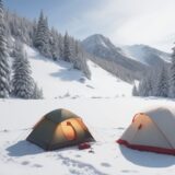 【冬キャンプ】焚き火で体を温める | 雪山のキャンプ場での一夜 をイメージした 広角の風景、冬、山、雪景色 の写真