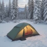 【焚き火】冬のキャンプで体を温める方法 | おすすめの防寒対策と道具 をイメージした 広角の風景、冬 の写真
