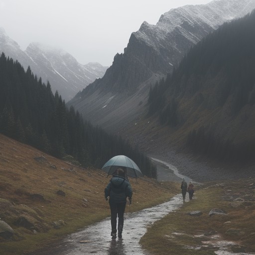 【防水ジャケット】軽量モデルで歩く | 雨の日の登山道 をイメージした 広角の風景、山、登山道 の写真