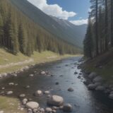 【イワナ】清流での釣り | 山奥の川で狙うポイント をイメージした 広角の風景、山、川 の写真