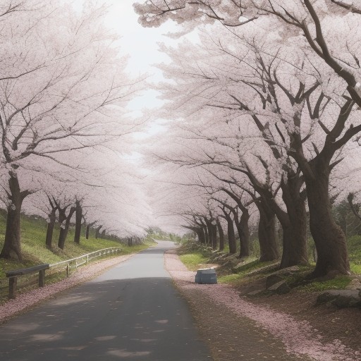 【春山】桜が咲く登山道 | 山菜採りのルート案内 をイメージした 広角の風景、登山道、ハイキング の写真