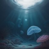 【クラゲ】海の中で泳ぐ透明な姿 | 水族館での観察記録 をイメージした 広角の風景 の写真