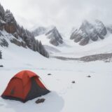 【防寒ウェア】冬の登山で準備するコート | 山頂での冷え込みを防ぐ方法 をイメージした 広角の風景、冬、山、冬 の写真