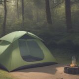 【虫除け】テント周りに蚊帳を設置するキャンプ | 夏の森での虫対策 をイメージした 広角の風景、森、夏 の写真