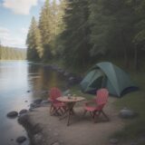 【川の道具】木製のテーブルと椅子 | 水辺で過ごす夏の時間 をイメージした 広角の風景、川、夏 の写真