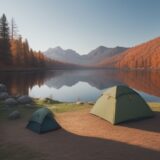 【キャンプ場】湖の近くにあるテントサイト | 秋の空気と朝のコーヒー をイメージした 広角の風景、湖、秋 の写真