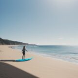 【サーフィン】砂浜でバランス感覚を鍛える | 夏の海辺で行うエクササイズ をイメージした 広角の風景、夏 の写真