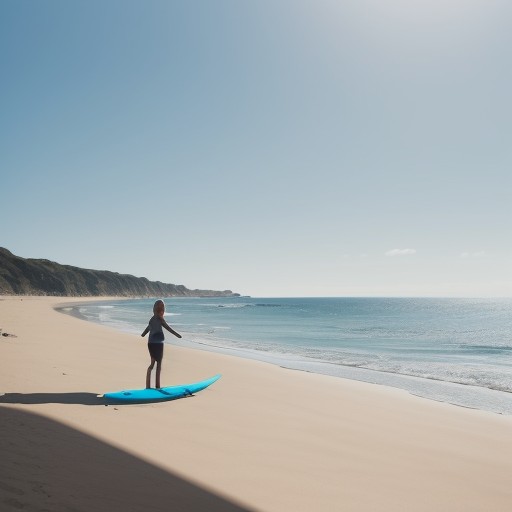 【サーフィン】砂浜でバランス感覚を鍛える | 夏の海辺で行うエクササイズ をイメージした 広角の風景、夏 の写真